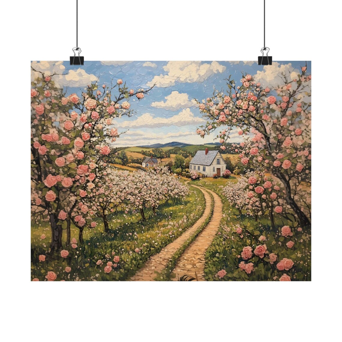 Spring Orchard Blossom Oil Painting White Farmhouse Path Poster