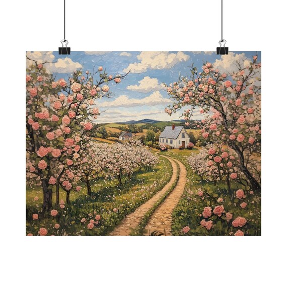 Spring Orchard Blossom Oil Painting White Farmhouse Path Poster