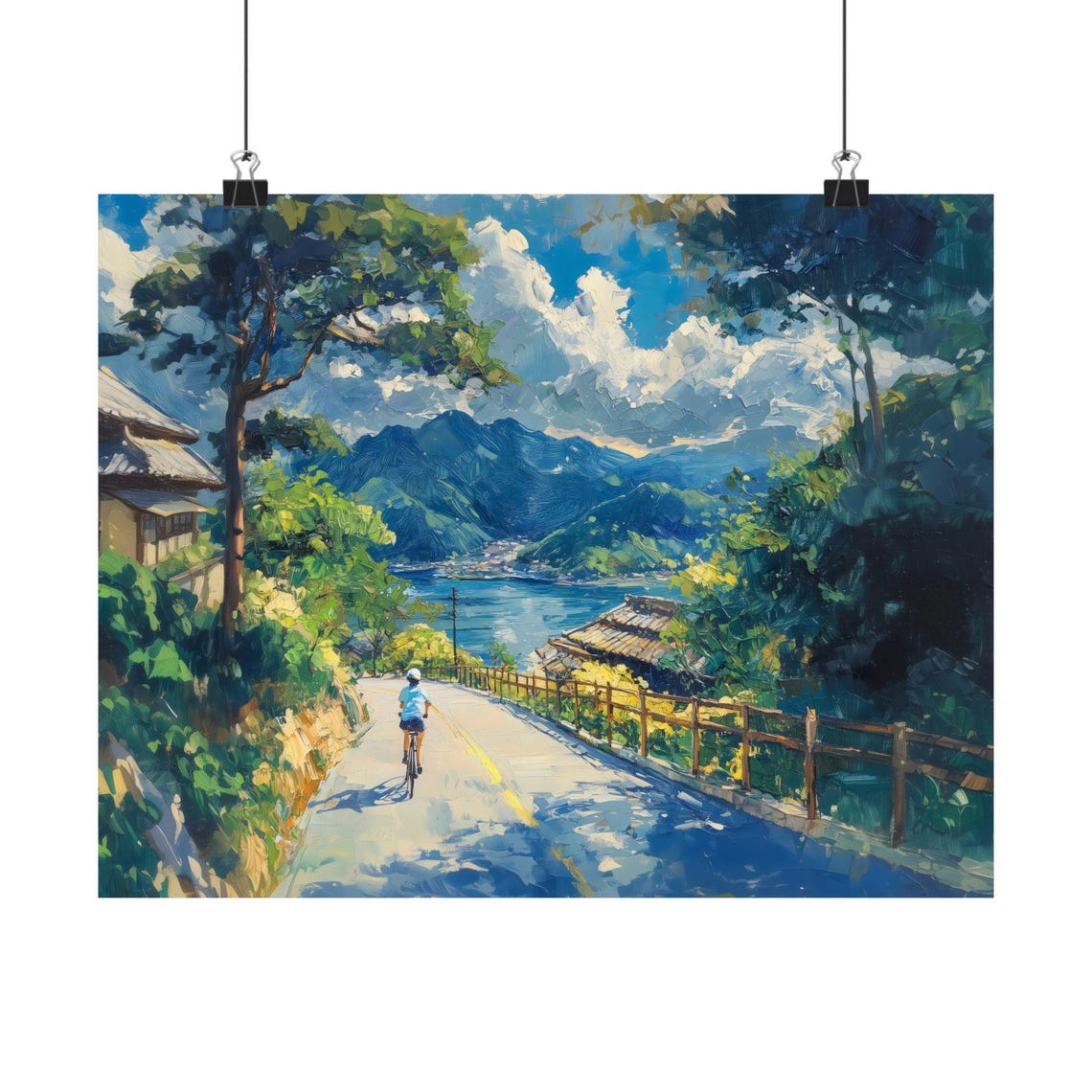 Cyclist Coasting Down to a Japanese Coastal Village Bay Poster