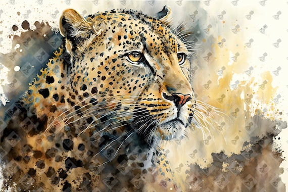Leopard Portrait Watercolor Golden Wild Big Cat Safari Art Poster