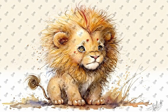 Cute Watercolor Baby Lion Cub with Fluffy Mane Nursery Poster