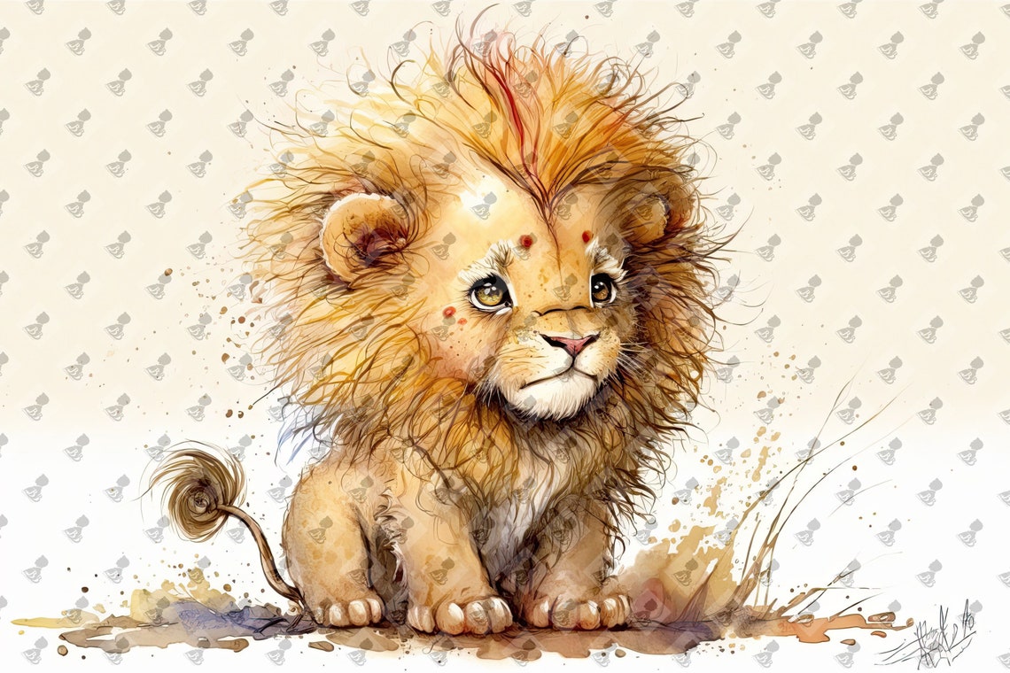 Cute Watercolor Baby Lion Cub with Fluffy Mane Nursery Poster