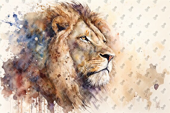 Male Lion Watercolor Purple Splash Majestic Big Cat Art Poster