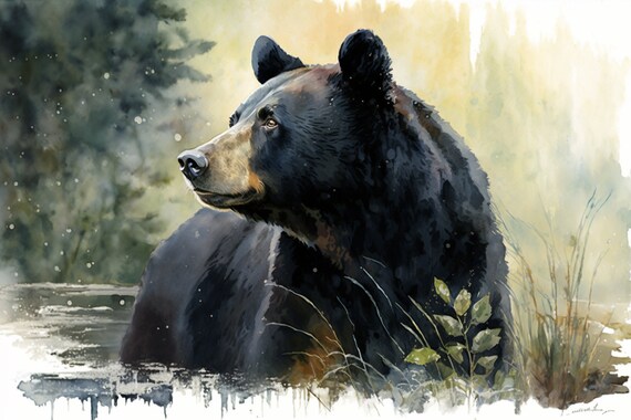 Black Bear Watercolor Sitting Lakeside Wildlife Nature Wall Art