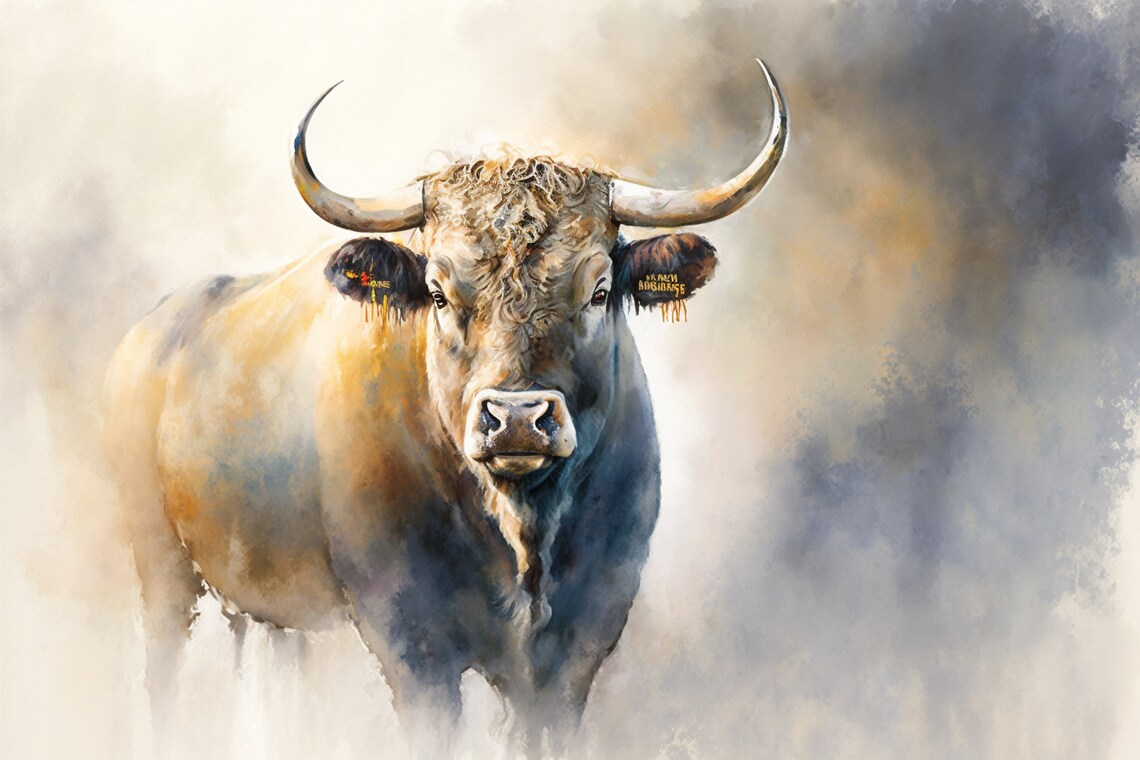 Longhorn Bull Watercolor Curved Horns Noble Farm Animal Wall Art