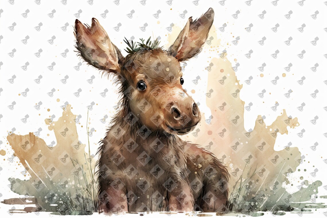 Watercolor Baby Moose Nursery Art Print, Baby Shower Gift