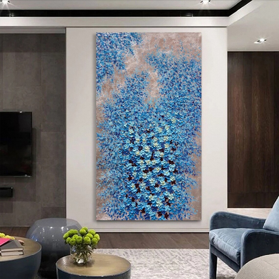 Blue Blossom Flower Wall On Rose Gold Textured Oil Painting Poster - Image 3