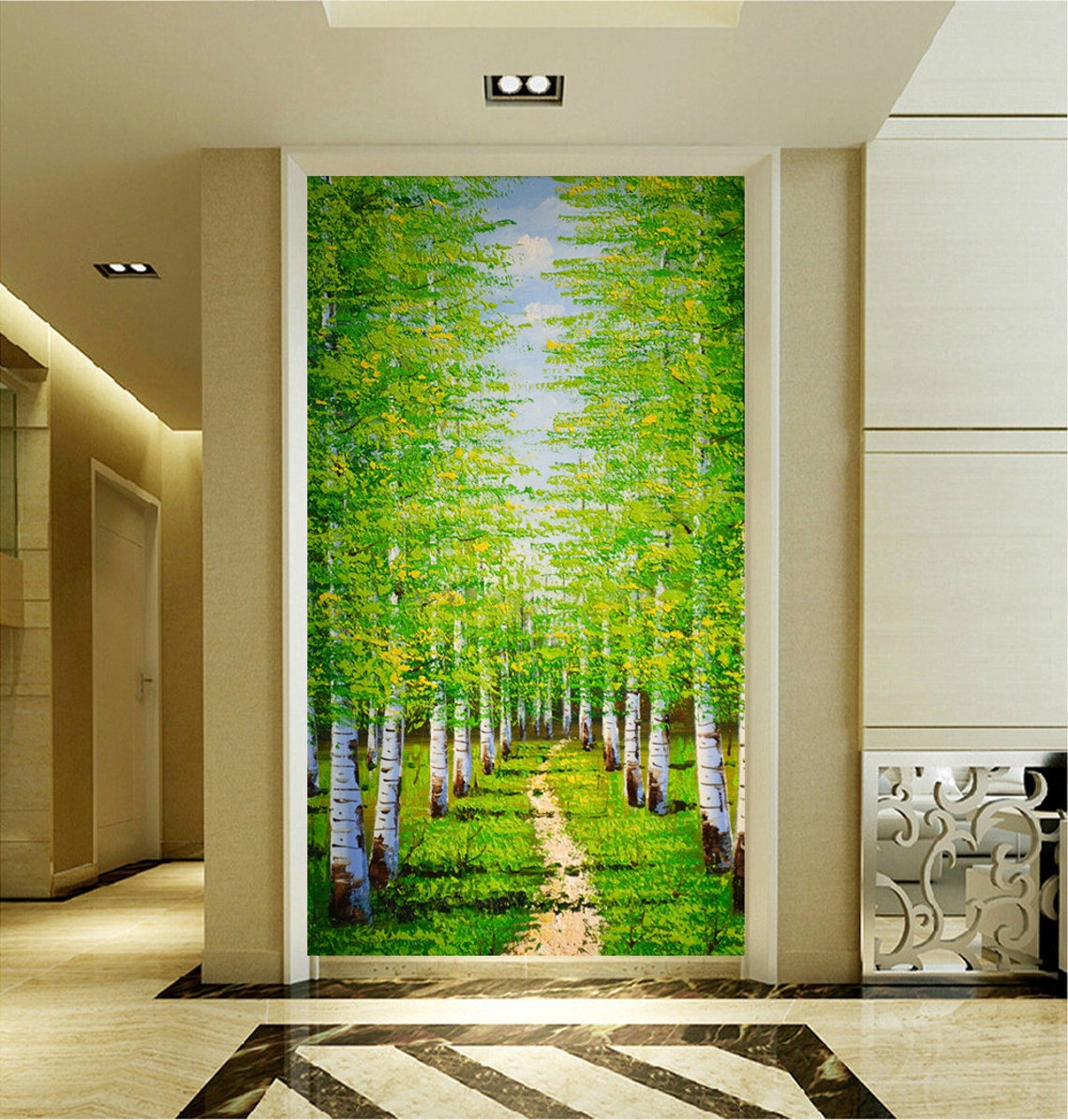 Green Birch Forest Path Tall Sunlit Palette Knife Landscape Poster - Image 3