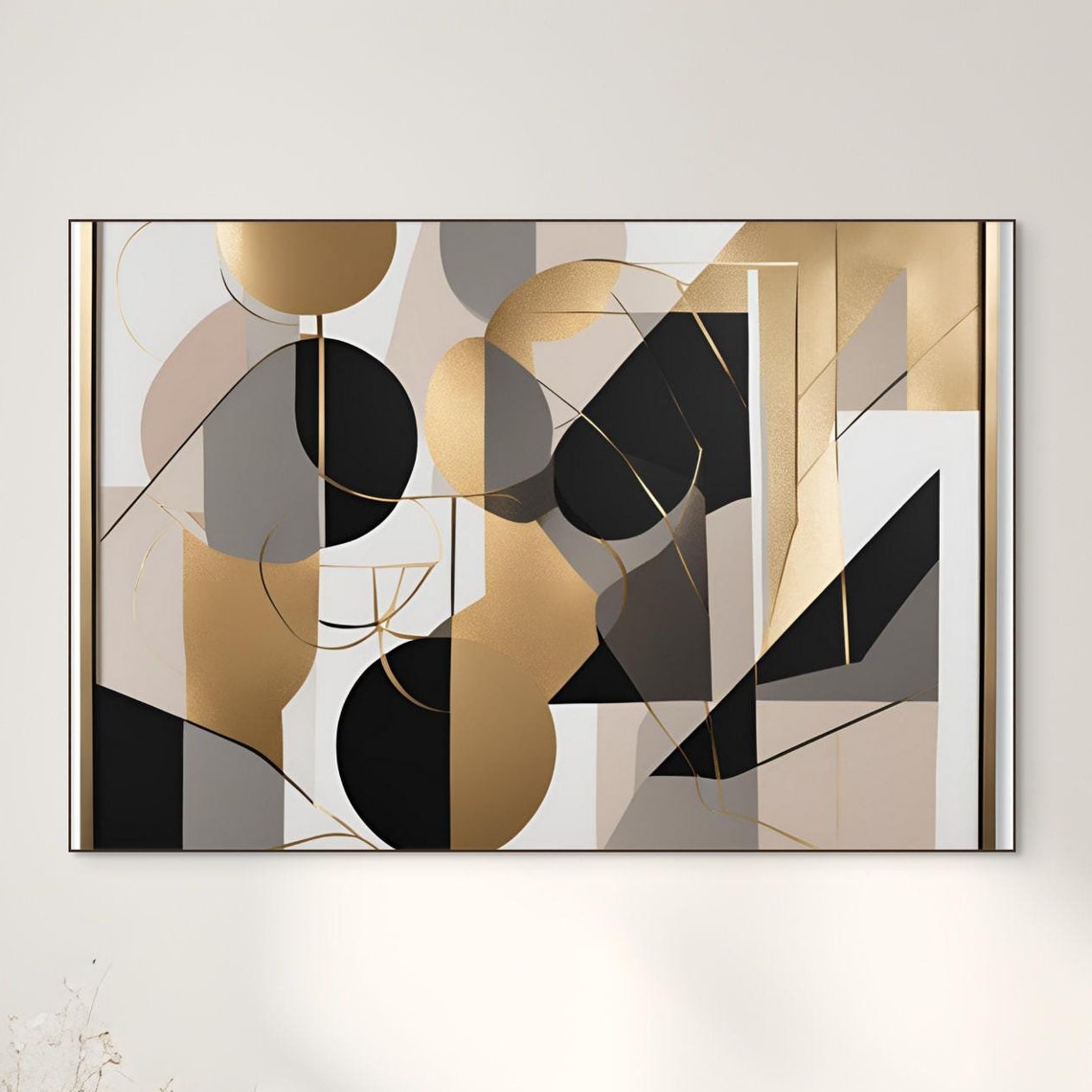 Abstract Geometric Circles Black Gold Gray Modern Shapes Wall Art