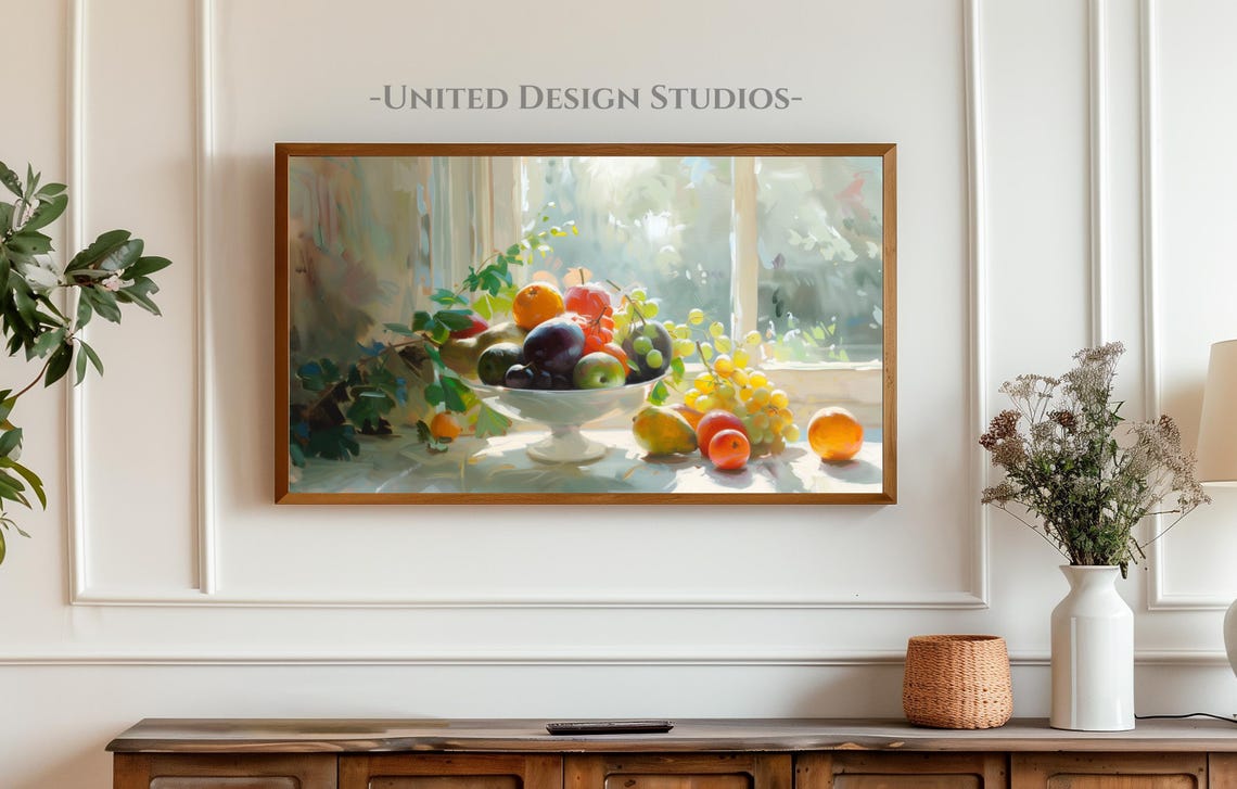 Sunlit Fruit Bowl Still Life Grapes Oranges Window Light Art Poster - Image 4