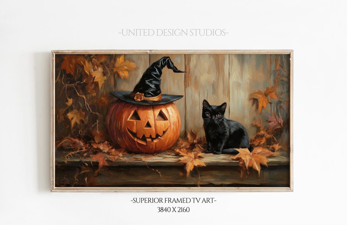 Halloween Pumpkin Witch Hat Black Cat Vintage Painting Art Print