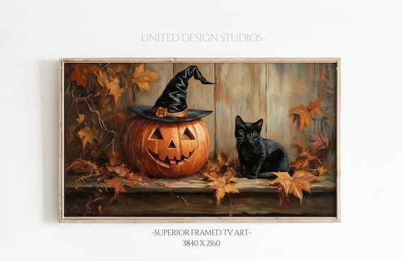 Halloween Pumpkin Witch Hat Black Cat Vintage Painting Art Print