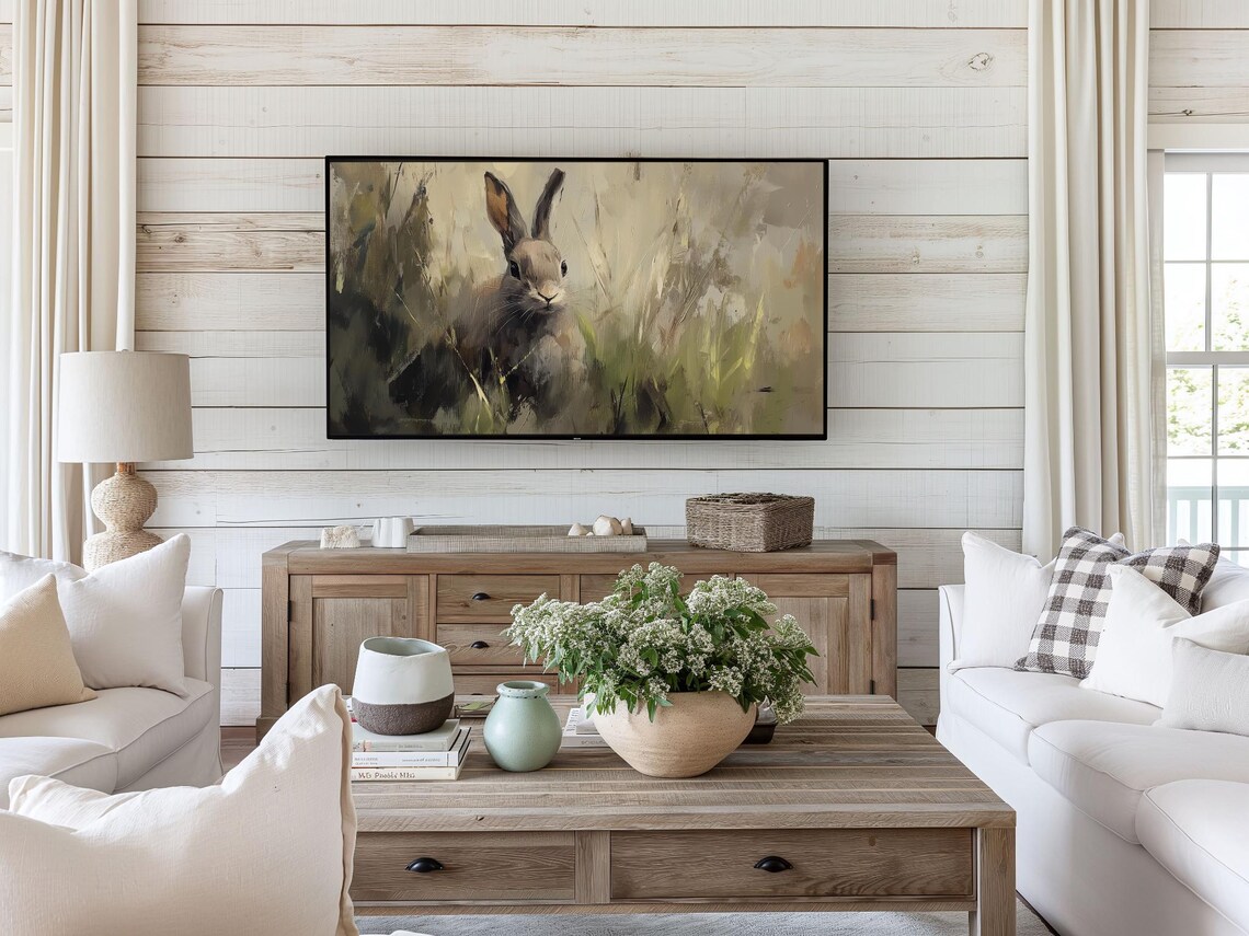Easter Bunny Neutral Spring Rabbit Painting - Image 3