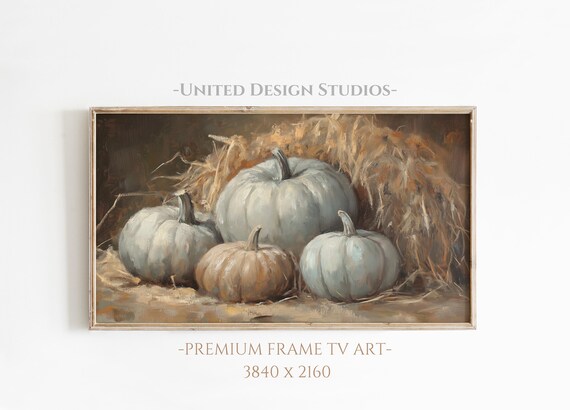 Blue Grey Pumpkins Hay Farmhouse Rustic Fall Still Life Frame TV Art Poster