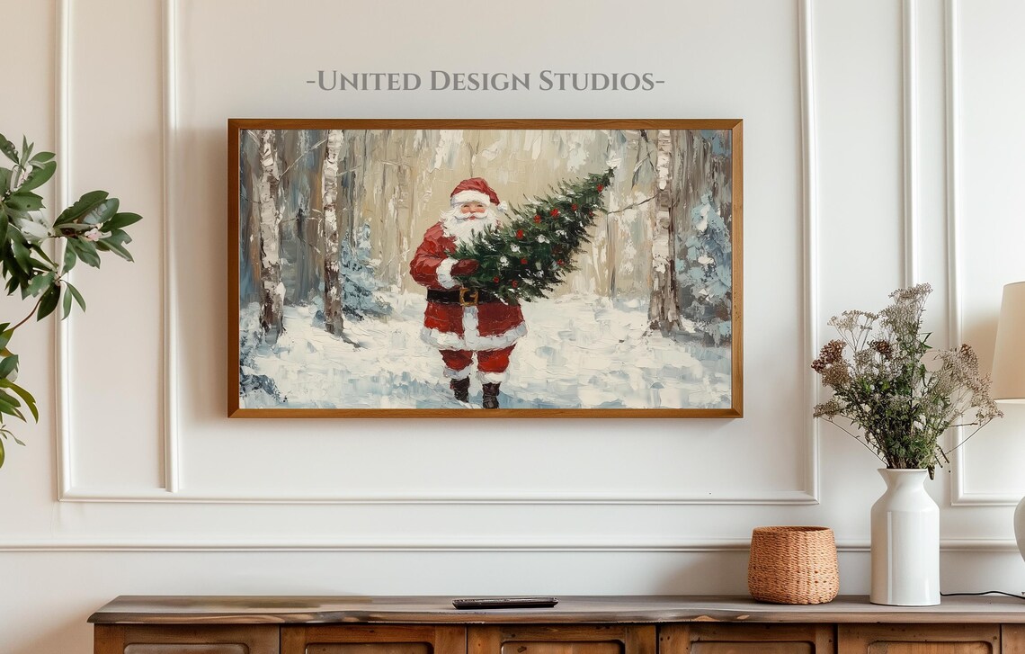 Christmas Santa Claus With Christmas Tree Art Print - Image 3