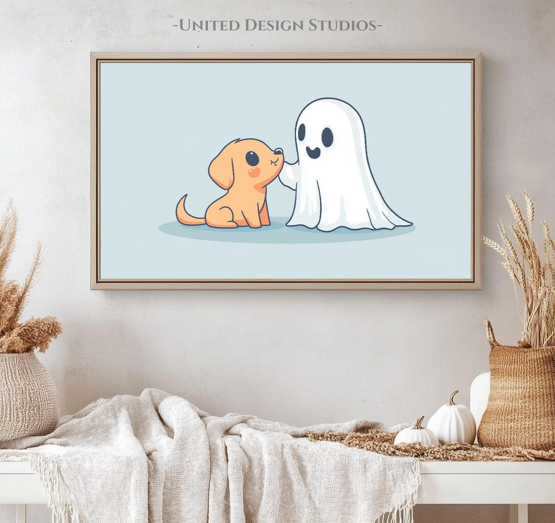 Cute Ghost And Puppy Cartoon Pastel Blue Halloween Art Poster - Image 4