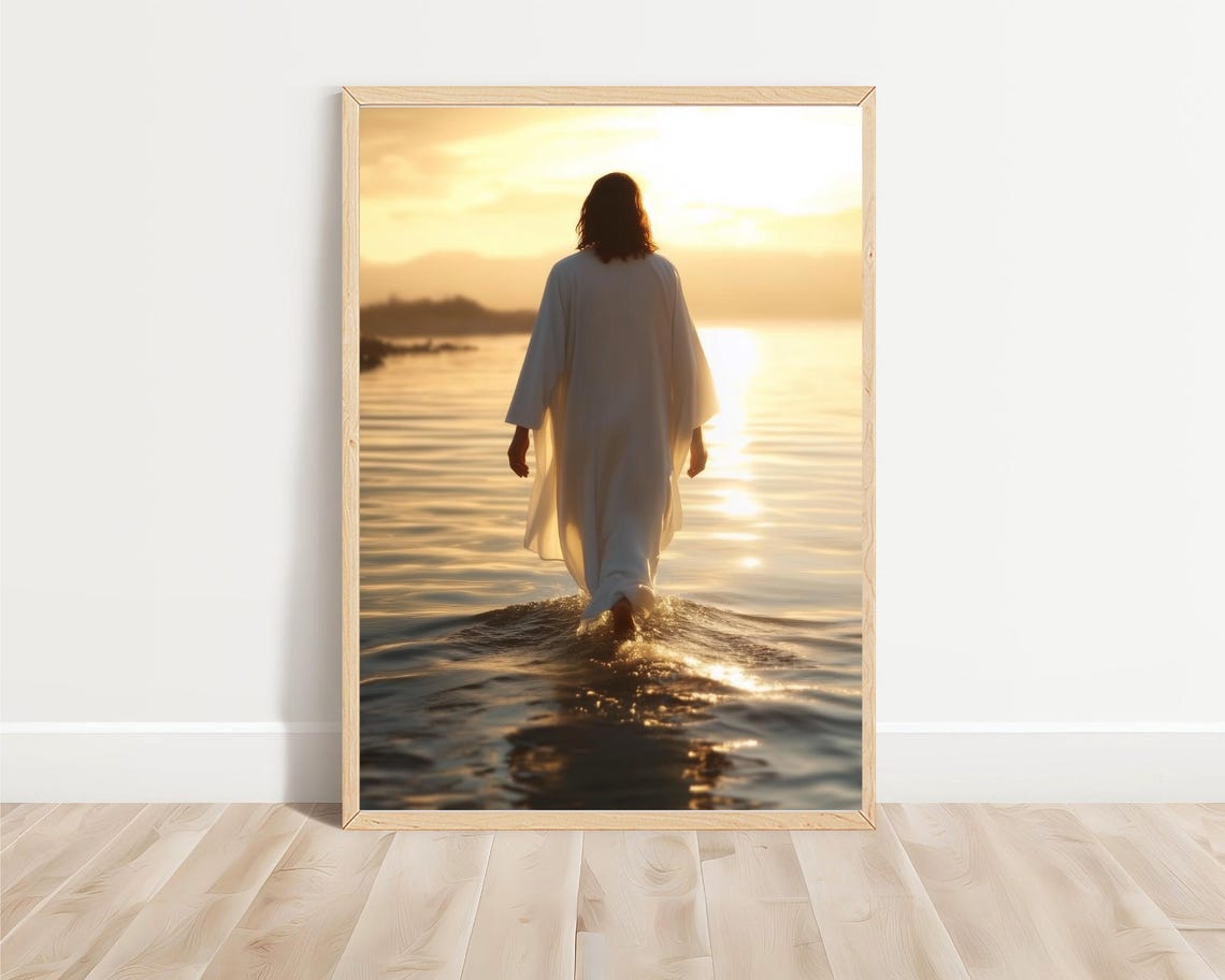 Jesus Walking On Water Sunrise Golden Light Christian Faith Art Poster - Image 3