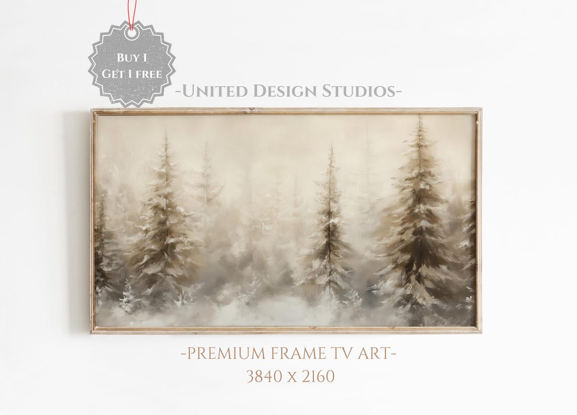 Frame Tv Winter Art Neutral Winter Landscape Painting Of Evergreen Trees For Frame Tv Holiday Frame Tv Art Farmhouse Winter Tv Art