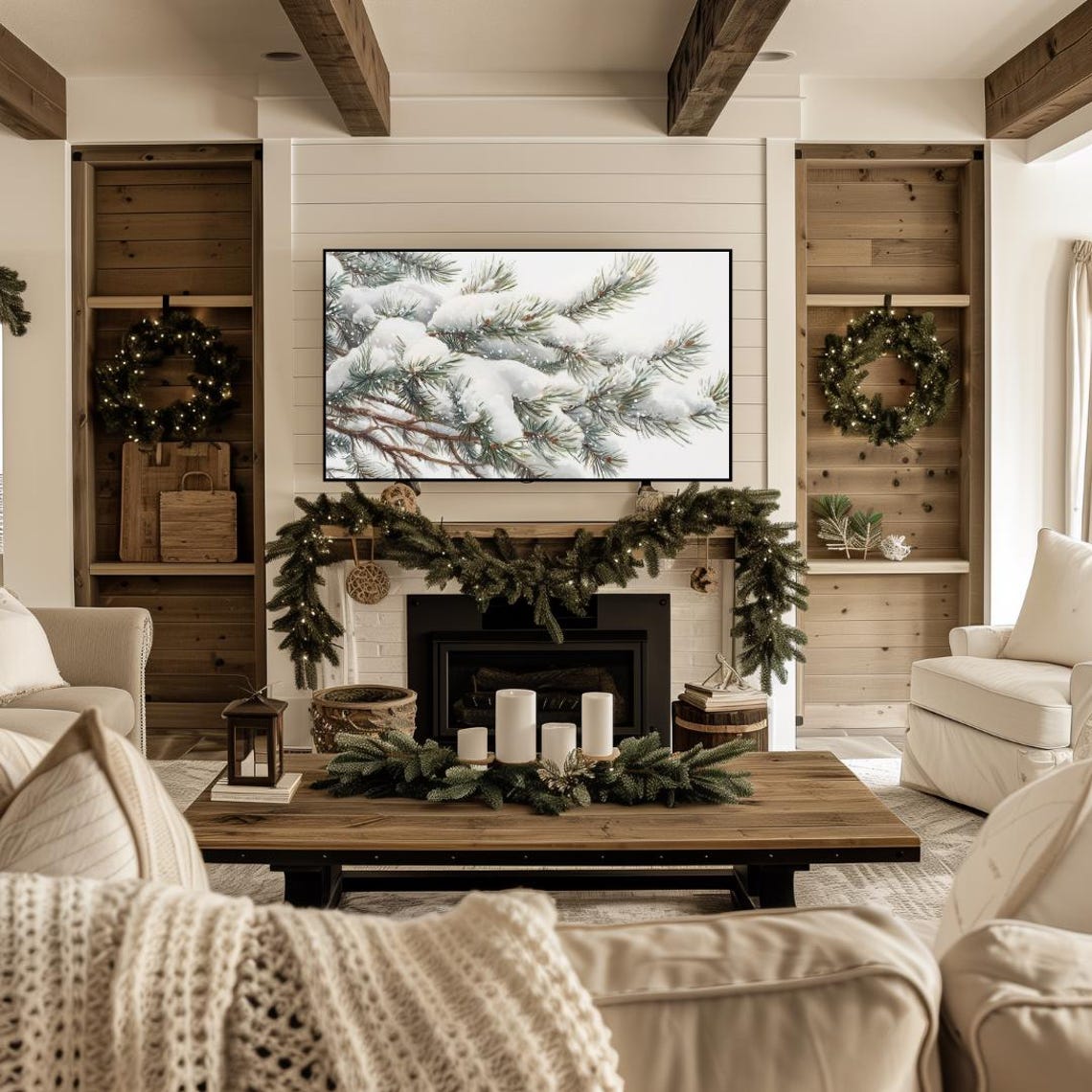 Snowy Pine Branches Winter Close Up Farmhouse Christmas Wall Art - Image 4