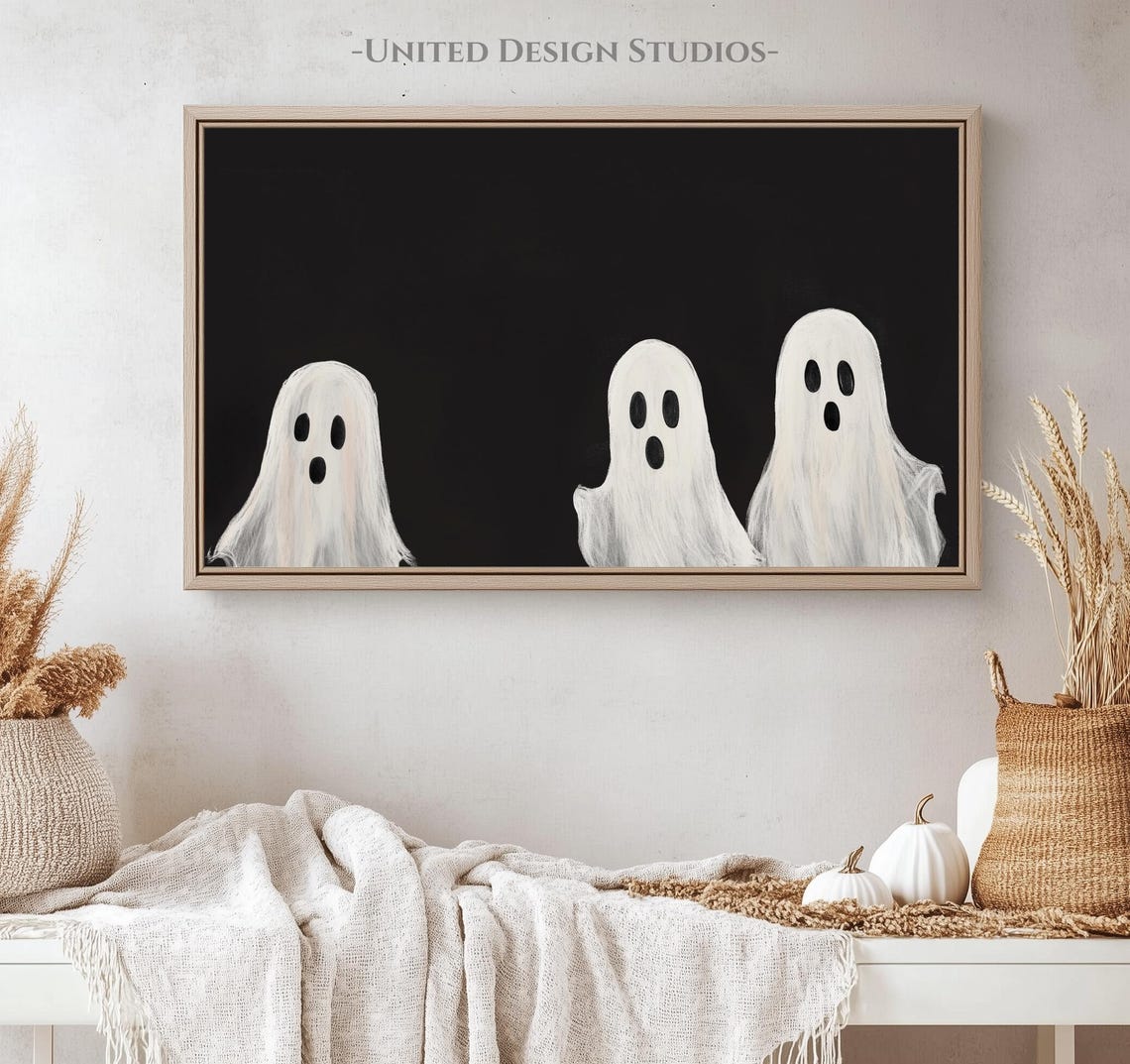 Three White Ghosts Black Background Minimalist Halloween Spooky Poster - Image 4