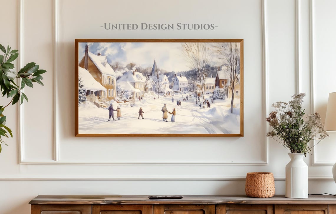 Frame Tv Winter Art Neutral Winter Town Watercolor Painting Frame Tv Winter Village Christmas Frame Tv Art Farmhouse Winter Frame Tv Art - Image 3