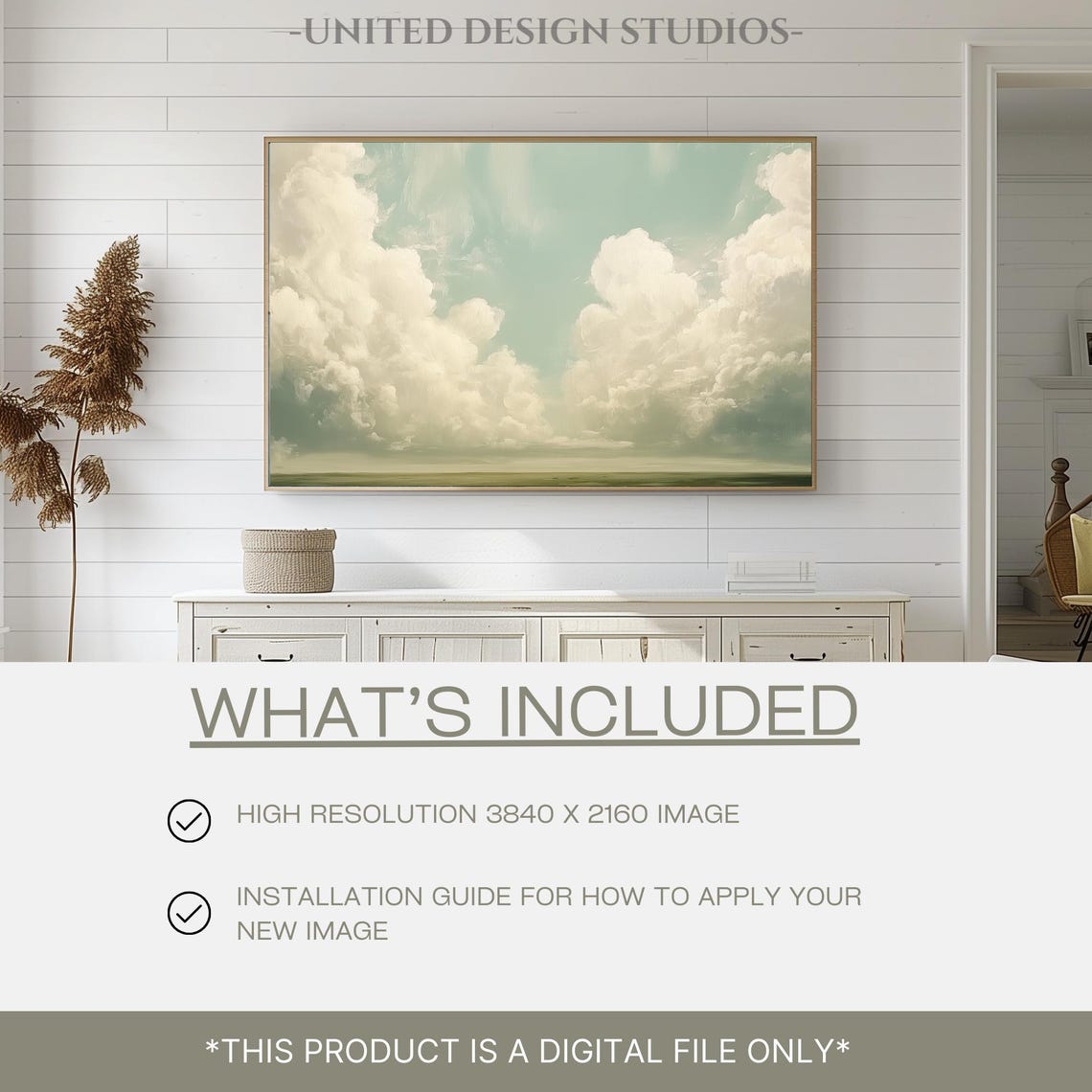 White Clouds Blue Sky Abstract Spring Landscape Painting Wall Art - Image 2