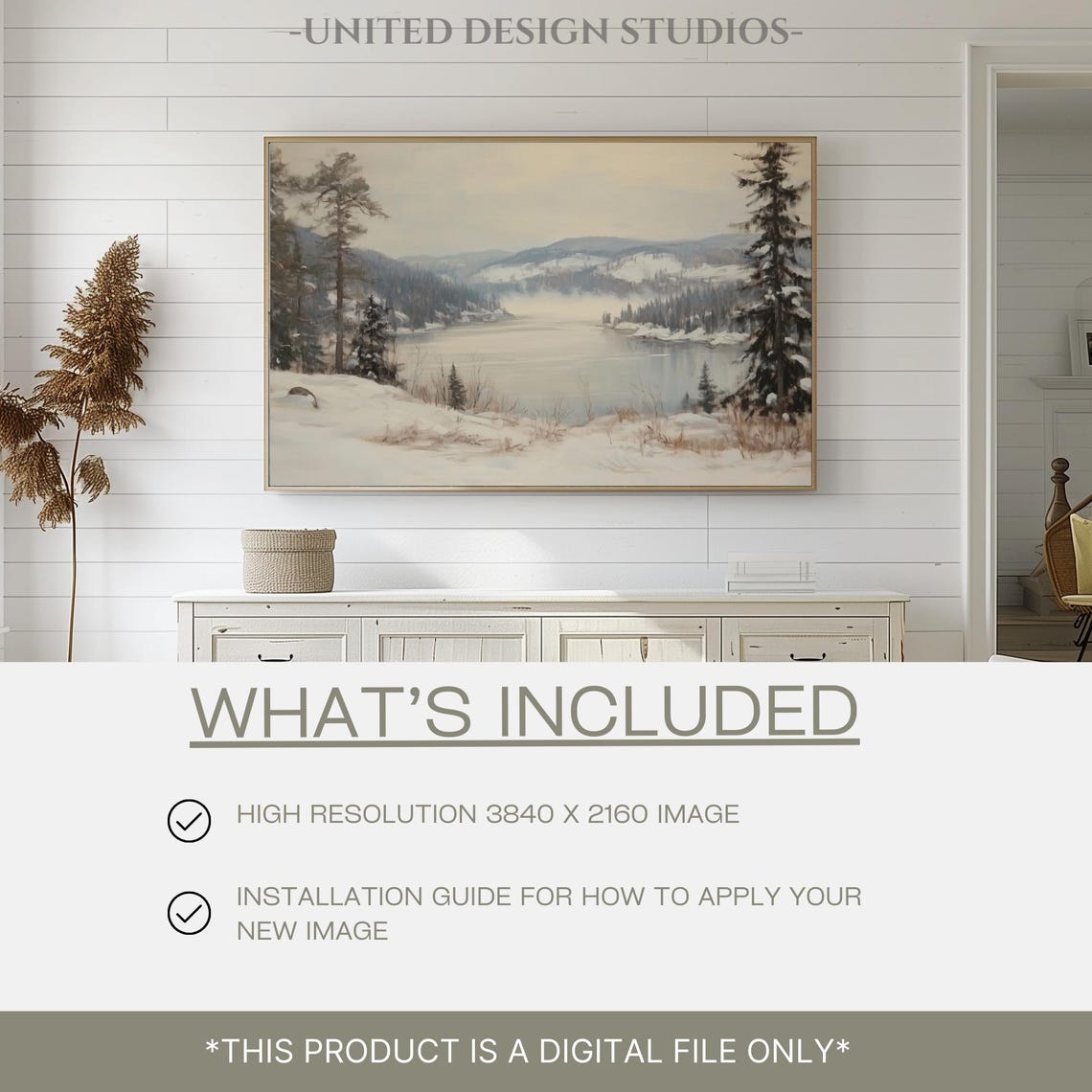 Snowy Winter Mountain Lake Painting Pine Forest Landscape Poster - Image 2