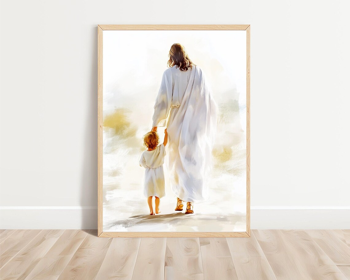Jesus Holding Child Hand Bright Light Watercolor Christian Faith Art Print - Image 4