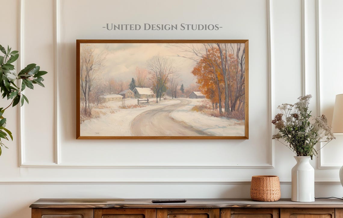 Snowy Farm Road Winter Farmhouse Autumn Trees Painting Poster - Image 3