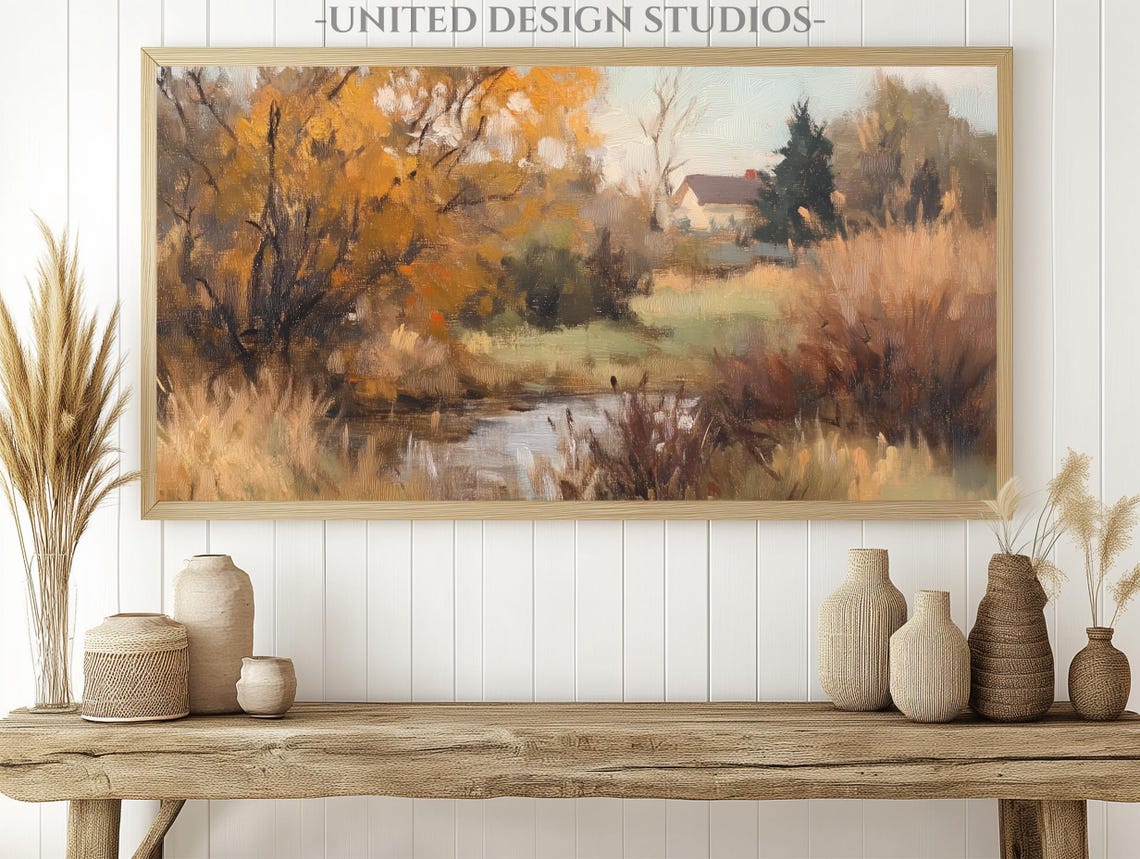 Golden Fall Trees By Creek Cottage Autumn Landscape Wall Art - Image 3