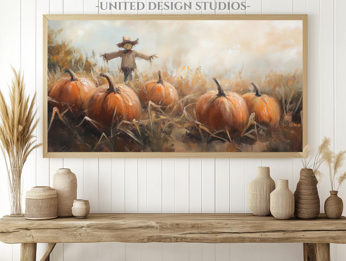 Scarecrow In Golden Pumpkin Patch Fall Harvest Farmhouse Wall Art - Image 3
