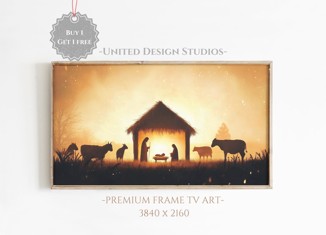 Nativity Silhouette Sunset Stable Animals Christmas Manger Poster