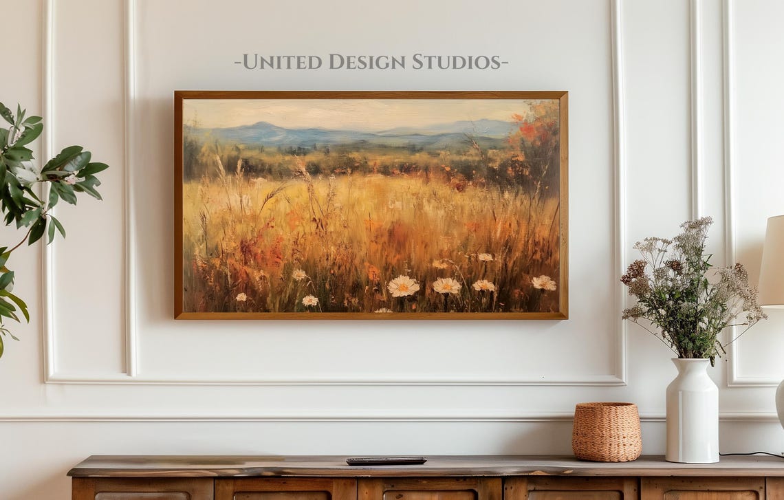 Golden Autumn Meadow Daisies Mountain Valley Fall Landscape Poster - Image 3