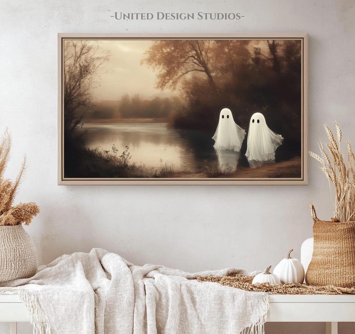 Two Cute Ghosts Misty Lake Vintage Sepia Spooky Halloween Scene Poster - Image 4