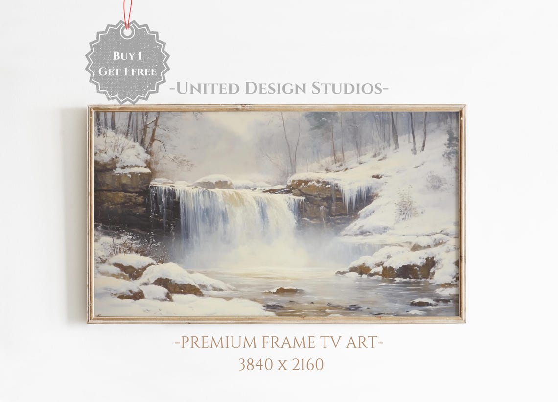 Frozen Winter Waterfall Snowy Rocks Landscape Painting Wall Art