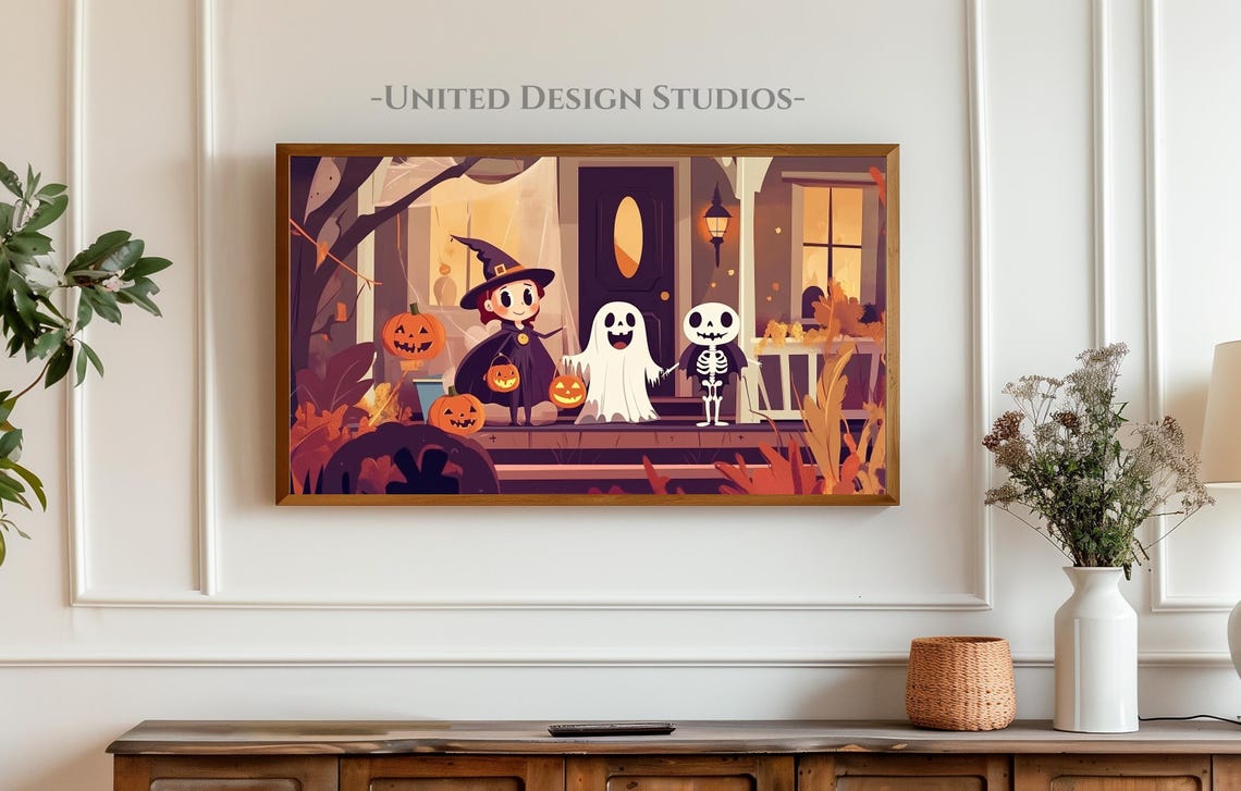 Cute Halloween Porch Witch Ghost Skeleton Pumpkins Trick Treat Poster - Image 3