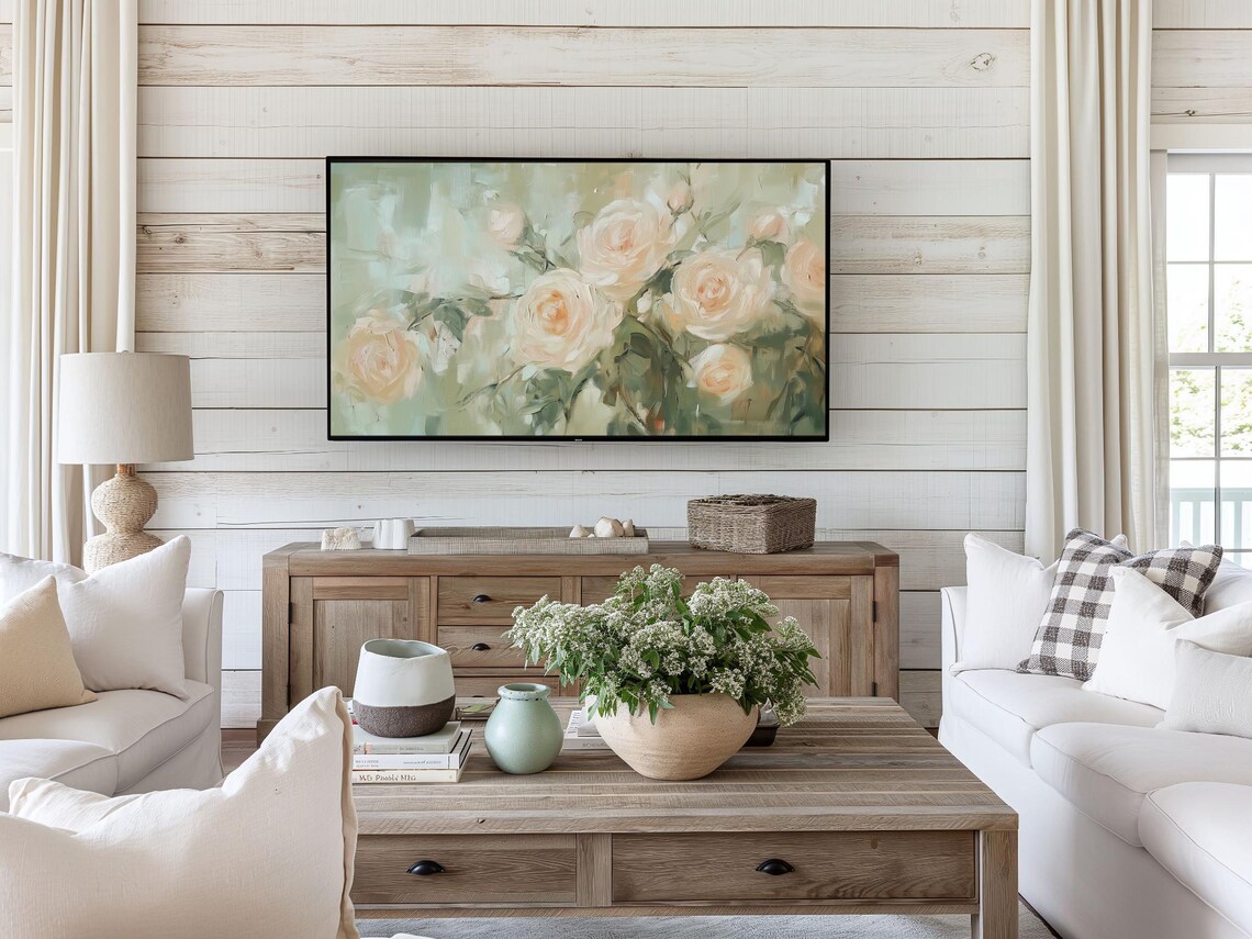 Cream And Blush Roses Oil Painting Sage Green Botanical Wall Art - Image 2