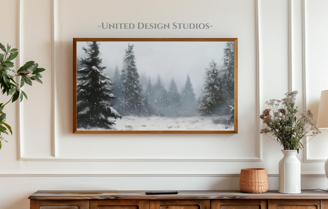 Snowy Pine Trees Falling Snow Winter Forest Painting Art Print - Image 3