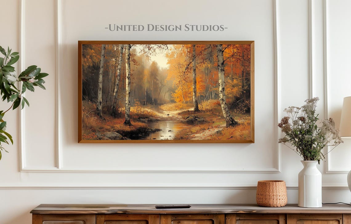Birch Forest Autumn Stream Orange Gold Vintage Fall Woods Poster - Image 3