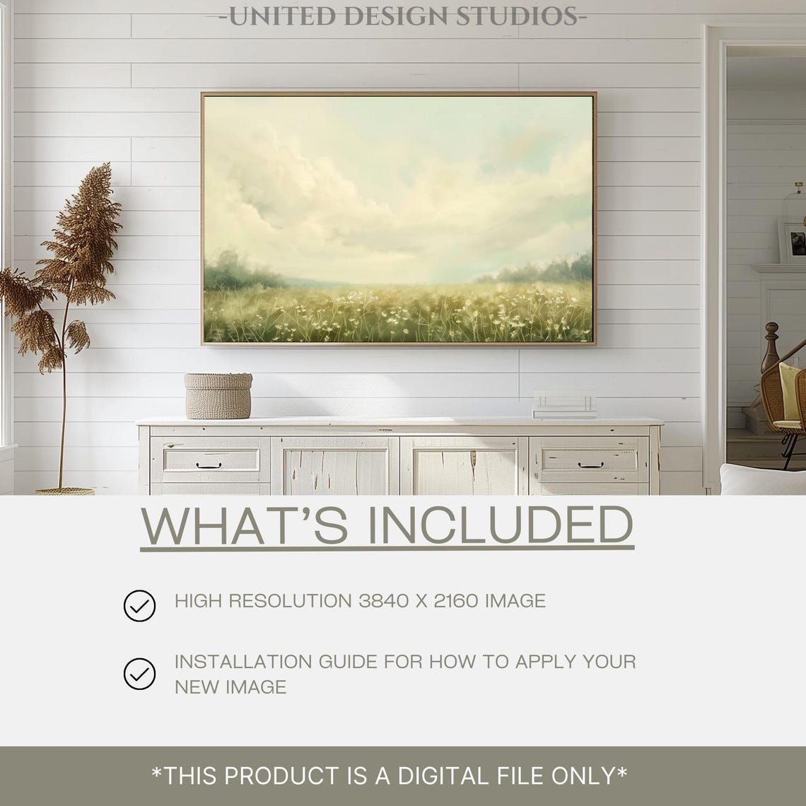 Soft Spring Meadow Cloudy Sky Green Landscape Painting Poster - Image 2