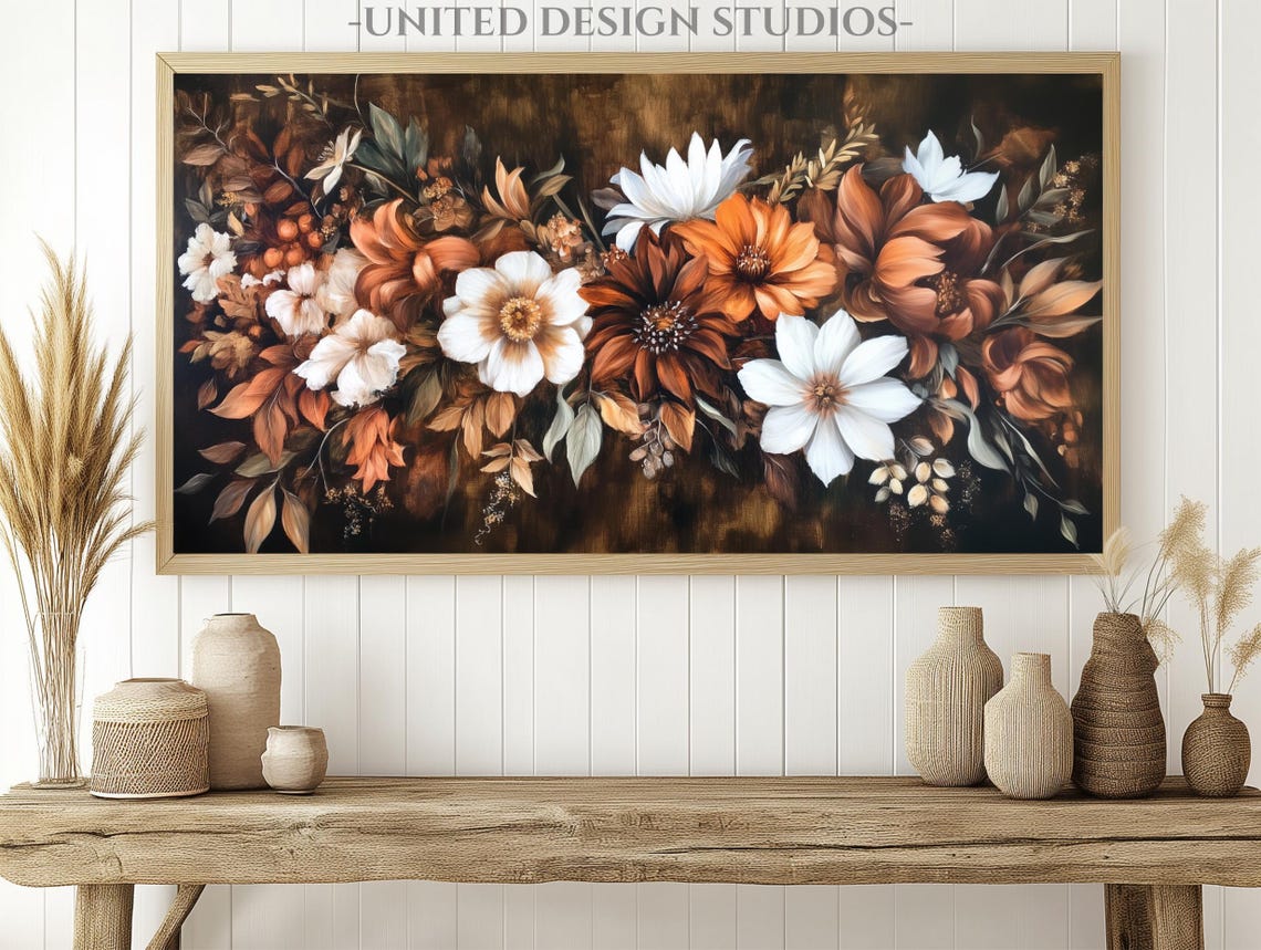 Moody Fall Flowers Bouquet Dark Baroque Autumn Floral Wall Art - Image 3