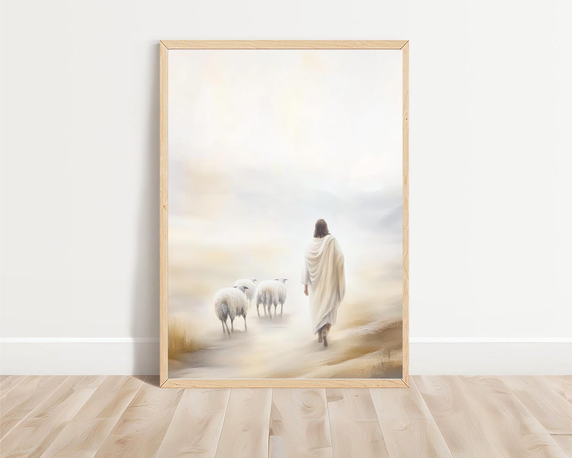 Jesus Taking Care Of His Flock Of Sheep Art Jesus Loves You Modern Christian Art Jesus Painting Jesus Art Bible Sketches - Image 3