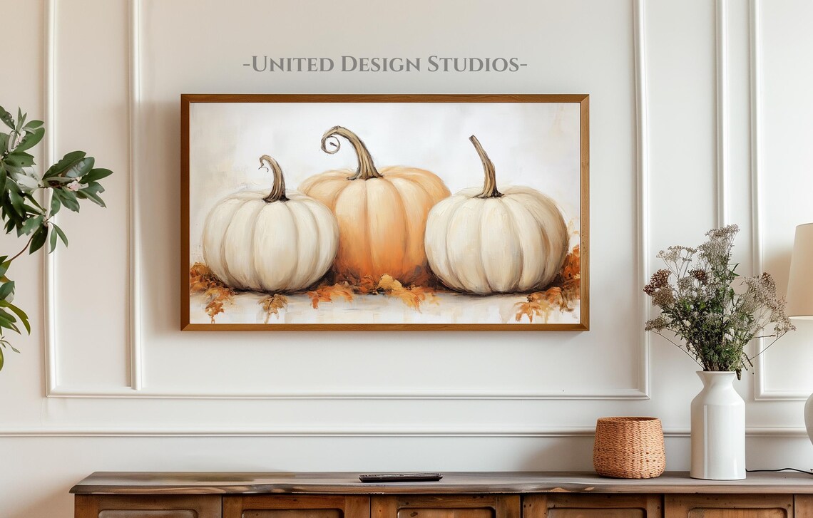 Autumn Pumpkin Trio Orange and White Farmhouse Fall Frame TV Art Poster - Image 3