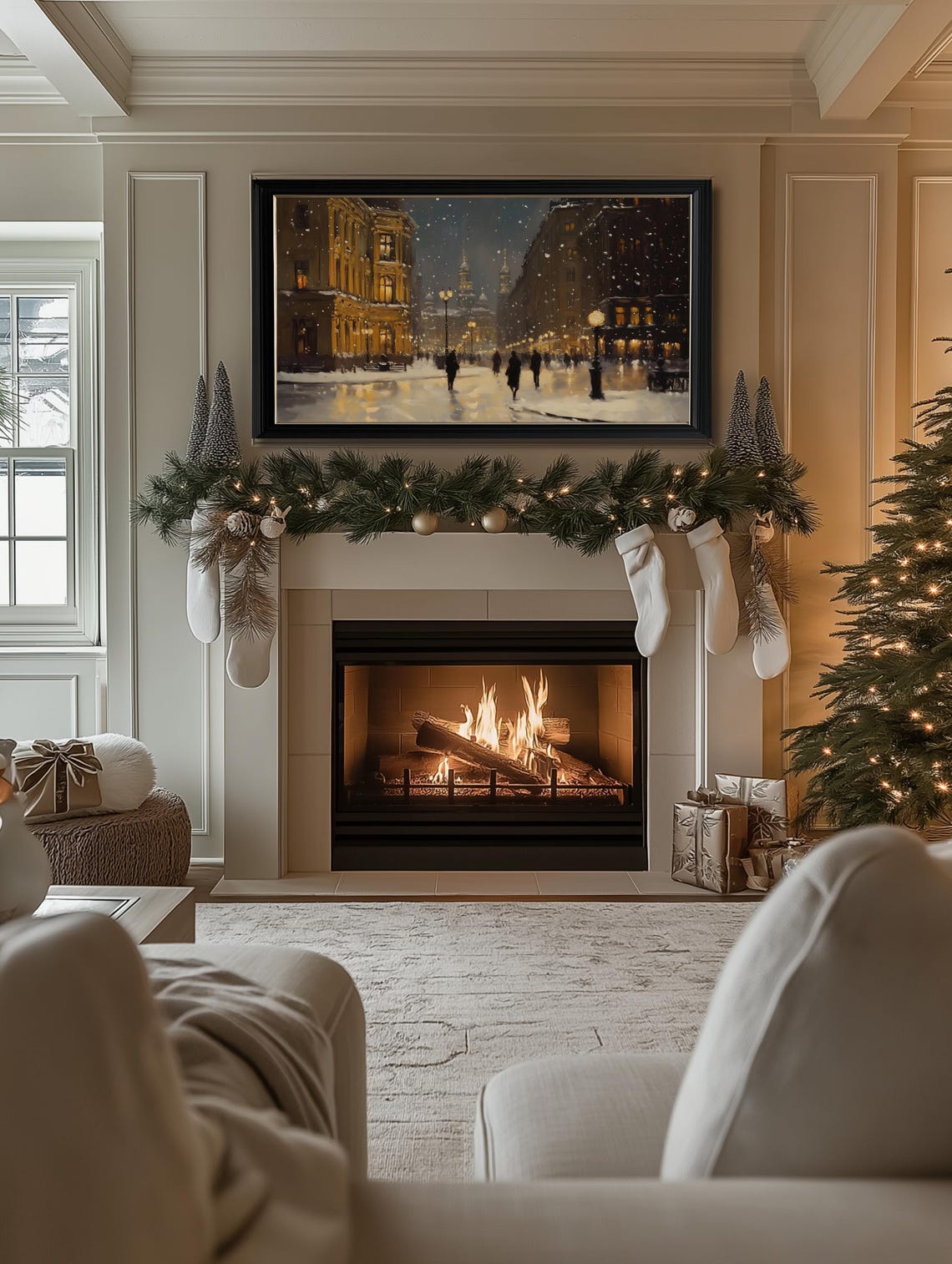 Frame Tv Winter Art Snowy Winter Night Frame Tv Art Moody Neutral Christmas Frame Tv Art Winter City Painting Tv Art - Image 3