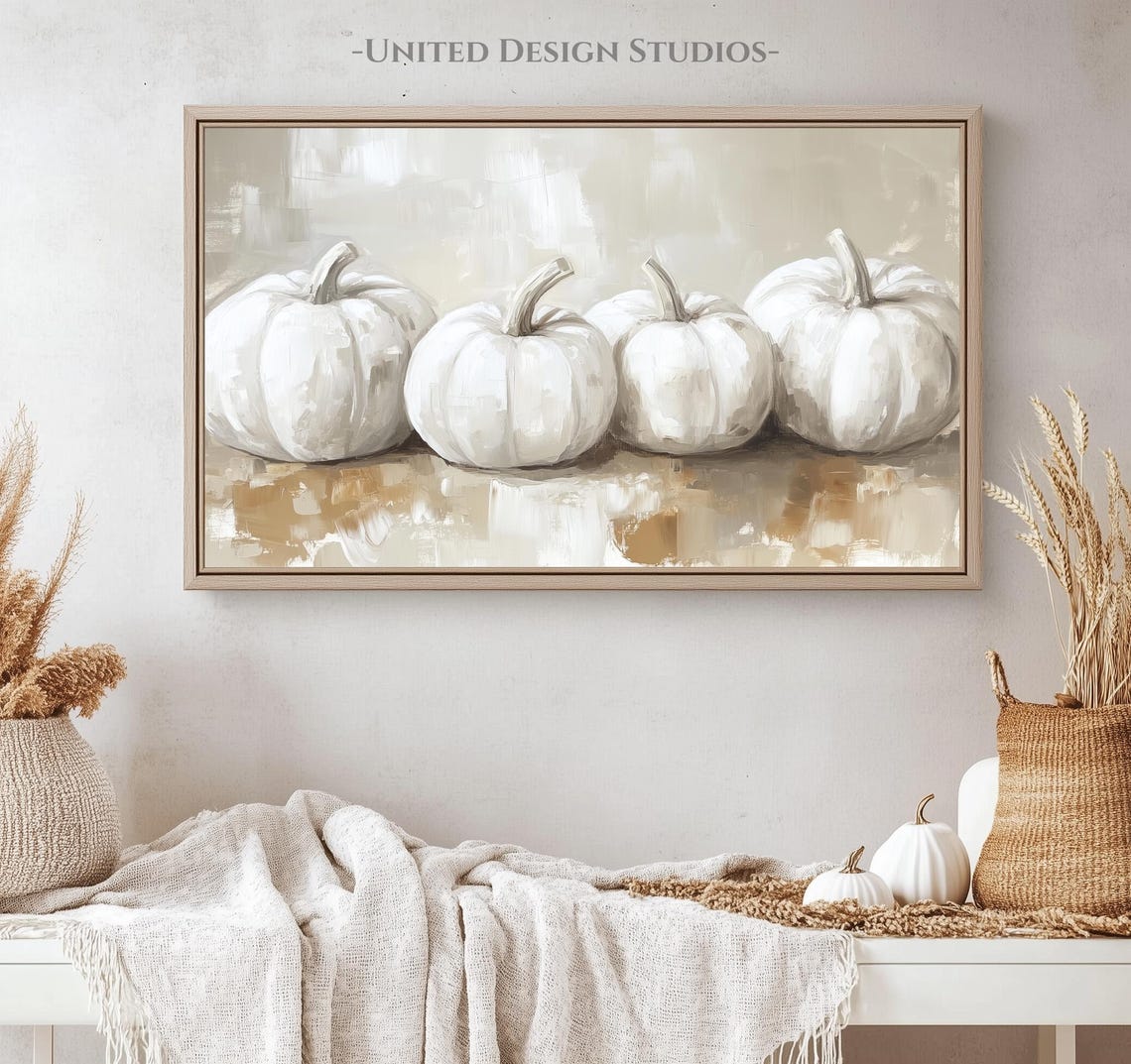 White Pumpkins Still Life Rustic Neutral Fall Painting Poster - Image 4