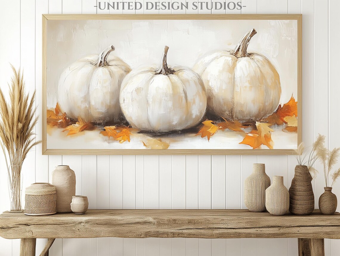 Three White Pumpkins Orange Leaves Rustic Neutral Fall Frame TV Art Poster - Image 2