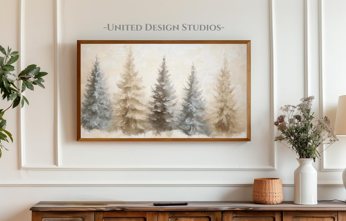 Muted Neutral Snowy Christmas Trees Winter Farmhouse Art Poster - Image 3