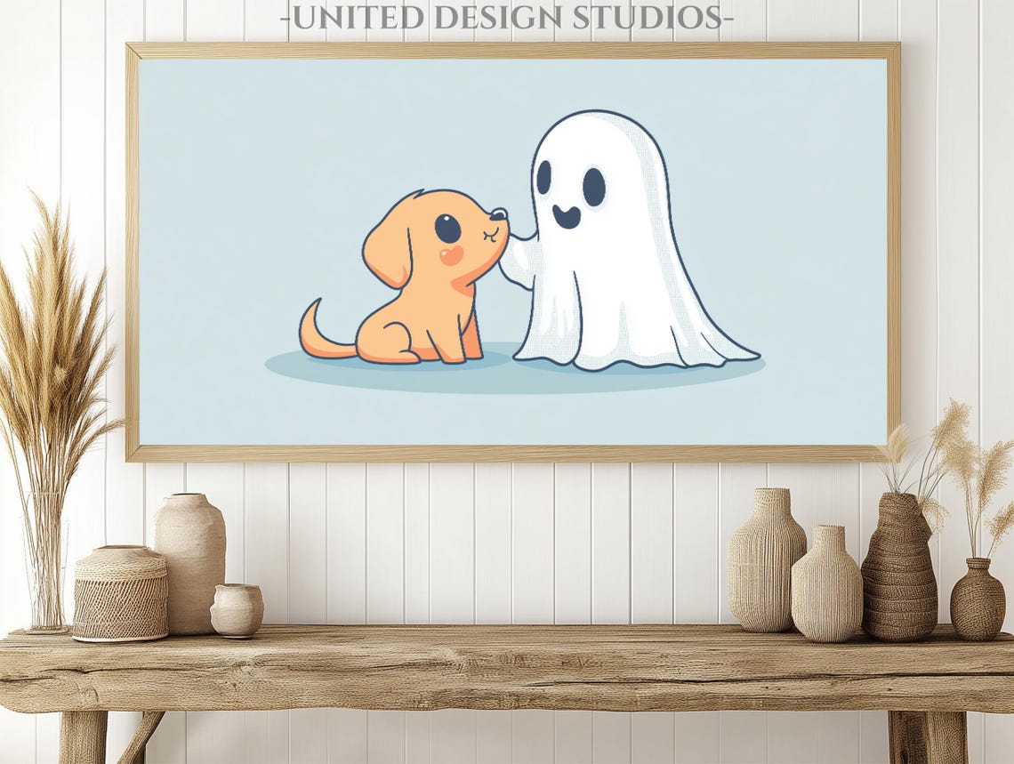 Cute Ghost And Puppy Cartoon Pastel Blue Halloween Art Poster - Image 2