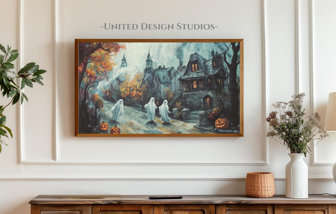 Spooky Halloween Town Ghosts Haunted Houses Vintage Art Print - Image 3