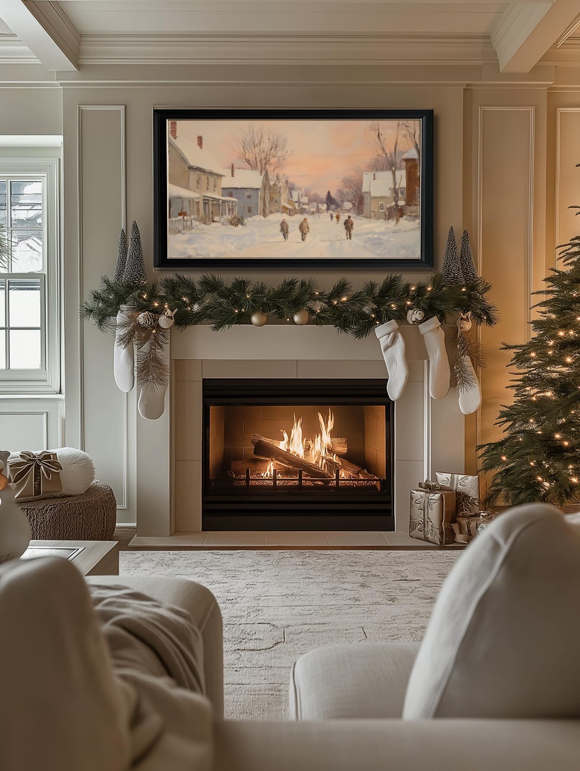 Frame Tv Winter Art Neutral Christmas Town Winter Painting Frame Tv Art Farmhouse Christmas Frame Tv Cottagecore Winter Tv Art - Image 2